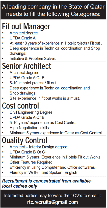 A leading company in the State of Qatar needs to fill the following Categories: