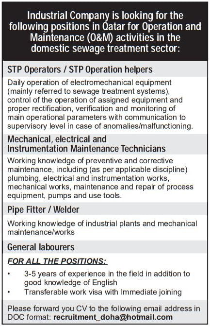 Industrial Company is looking for the following positions in Qatar for Operation and Maintenance (O&M) activities in the domestic sewage treatment sector