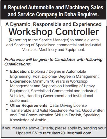 A Reputed Automobile and Machinery Sales and Service Company in Doha Requires