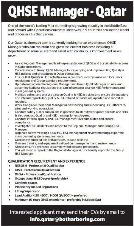 QHSE Manager needed in Qatar